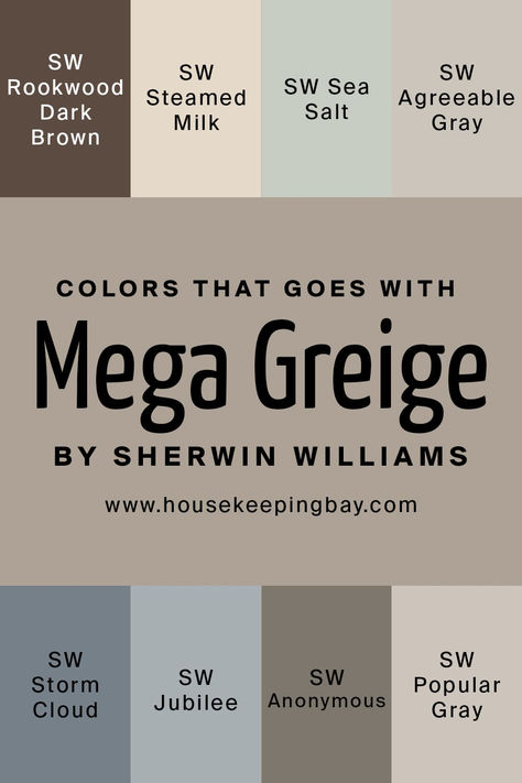 Mega Griege Bedroom, Perfect Greige Accent Colors, Sw Mega Greige Coordinating Colors, Perfect Griege Sherwin Williams Exterior, Stone Eagle Sherwin Williams, Living Room Colors With Accent Wall, Mega Griege Cabinets, Mega Greige Coordinating Colors, Sherwin Williams Woodbridge