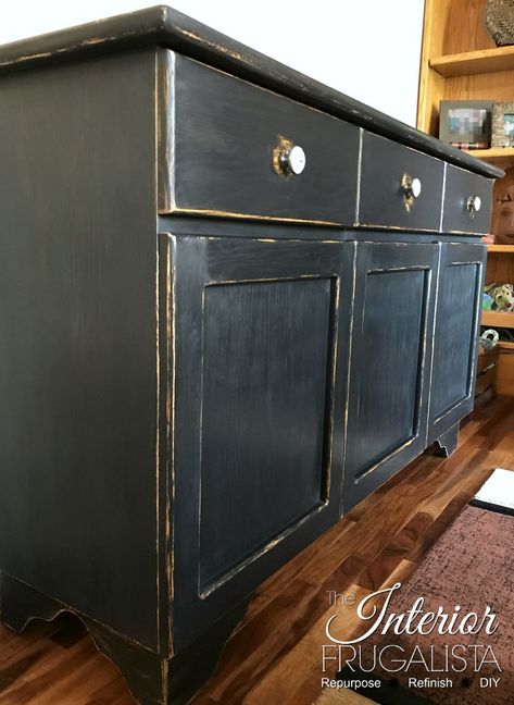 Wax Puck Distressed Black Painted Cabinet AFTER | The Interior Frugalista Black Chalk Paint Kitchen Cabinets, Black Chalk Paint Cabinets, Black And White Distressed Furniture, Distressed Black Furniture, Black Distressed Cabinets, Black Distressed Furniture, Bar Makeover, Cabin Basement, Distressed Kitchen Cabinets