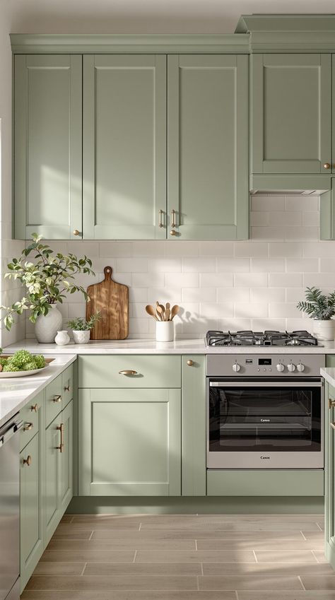 Kitchen Cabinet Color Ideas Sage Green Walls White Cabinets, Sage Green And Wood Kitchen Cabinets, Sage Green And Taupe Kitchen, Green And Greige Kitchen, Sage Green Bottom Kitchen Cabinets, Kitchen With Light Green Cabinets, Light Green Kitchen Aesthetic, Scandinavian Green Kitchen, Pale Green Kitchen Ideas