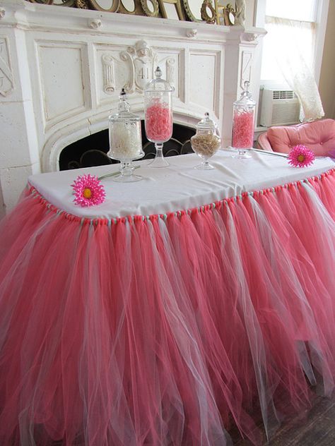 Coral & Mint Custom Tutu Table Skirt - as seen on Etsy store 'PinkSugarTutus' Highchair Tutu, Tutu Table Skirt, High Chair Tutu, Tutu Table, Chair Diy, Butterfly Birthday Party, Candy Station, Elegant Baby Shower, Baby Shower Table