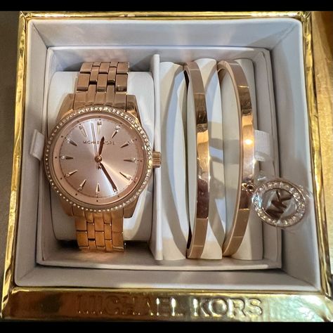 This Rose Gold Michael Kors Watch Comes With An Extra Link And 2 Bangle Bracelets. It Has Never Been Worn And The Watch Is Working. Michael Kors Watch Women's, Michael Kors Watch Rose Gold, Gold And Silver Watch, Michael Kors Bracelet, Jewellery Board, Watch Michael Kors, Watches Women Michael Kors, Gold Michael Kors Watch, Rose Gold Watches Women