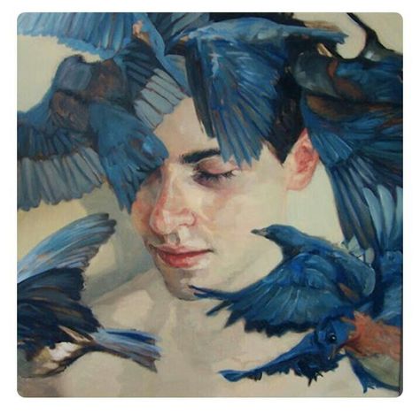 Oil pastel painting of birds surrounding a human. Could be considered tranquil and harmonious. Painted by the artist Meghan Howland. Figurative Artists, Oil Painting Portrait, Gcse Art, Arte Inspo, Art Et Illustration, A Level Art, Art And Illustration, Figure Painting, Bird Art