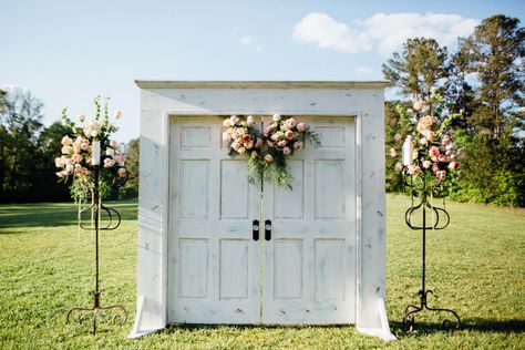 Wedding Doors Entrance Outdoor Ceremony Diy, Door Entrance Decor Wedding, Outdoor Wedding Doors, Shayla Wedding, Door Entrance Decor, Event Venue Business, Meghan Wedding, Diy Backdrop Stand, Wedding Pergola