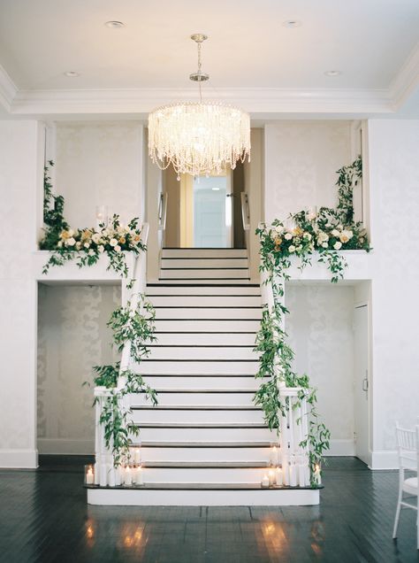 Staircase Greenery, Stairway Garland, Wedding Stairs, Wedding Staircase, Newport Ri Wedding, Late Summer Wedding, Late Summer Weddings, Newport Wedding, Staircase Decor