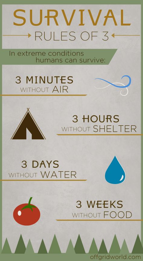 Survival Rules of 3 INFOGRAPHIC -bt PreparednessSurvival / Posted Apr 30, 2014 Survive In The Wild, How To Survive In The Wild, Miejski Survival, Supraviețuire Camping, Survival Stuff, Surviving In The Wild, Emergency Preparedness Kit, Survival Life Hacks, Emergency Preparation