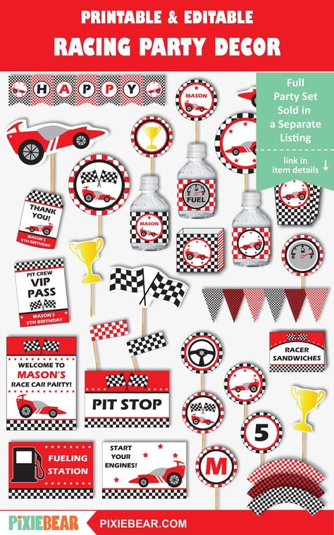 Race Car Party Printables, Go Kart Party, Race Car Birthday Decorations, Race Car Party Favors, Race Car Party Decorations, Cars Party Favors, Racing Birthday, Racing Party, Happy Birthday Tag