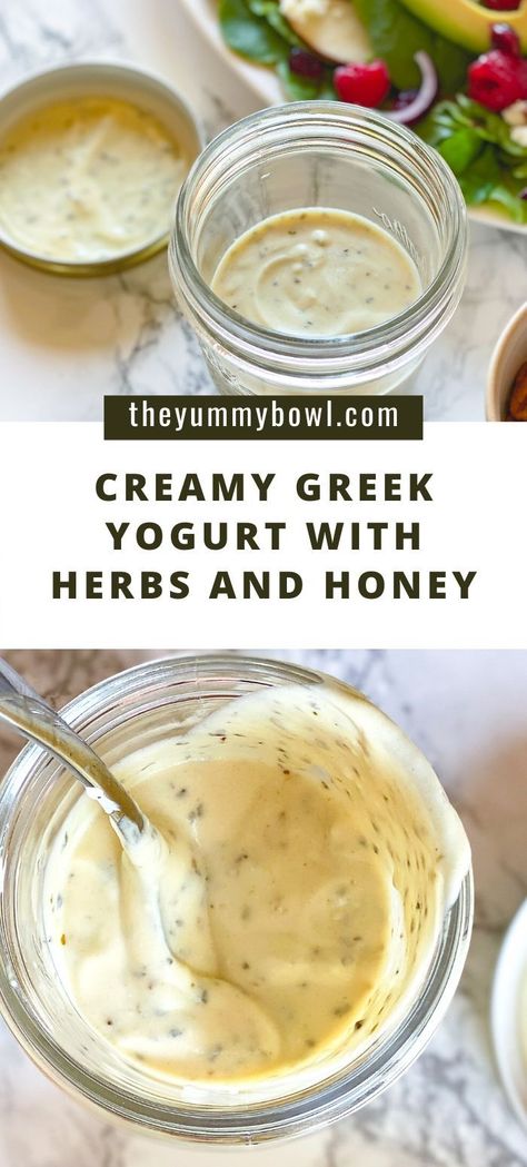 Creamy, filling, warm, cozy, fresh - that's just a few words to describe this  greek yogurt herb dressing/sauce. Perfect for sumer salads as well as roasted veggies, meats and fish. #herbs #oregano #basilsauce  #greekyogurt #yogurt #dressing #sweetdressing #honeymustard #honeymustarddressing #saladdressing #roastedvegetables #vegetabledressing #sauce-The Yummy Bowl Yogurt Sauce For Potatoes, Sauces To Make With Greek Yogurt, Herbed Yogurt Sauce, Greek Yogurt Mustard Sauce, Plain Yogurt Salad Dressing Recipes, Greek Yogurt Fry Sauce, Salad Dressing Recipes With Greek Yogurt, Healthy Dressings For Salads Homemade Greek Yogurt, Tahini Greek Yogurt Dressing