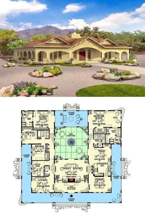 Explore the grandeur of our Expansive Adobe-Style House Plan, built around an open courtyard that invites sunlight into every corner of the home. The design embraces the traditional adobe architecture. The heart of this home is the open courtyard, providing a stunning focal point that seamlessly blends indoor and outdoor living, crafting a home that is as welcoming as it is luxurious. #Houseplans #Floorplans #AdobeHousePlan #OpenCourtyardDesign #IndoorOutdoorLiving Ranch House Plans With Courtyard, New Mexico House Plans, House With Center Courtyard, Hacienda Style Floor Plans, Spanish Style Homes Layout, U Shape House Design Floor Plans, Arabic Villa Plan, U Shaped House Plans Courtyards, Mediterranean House Layout