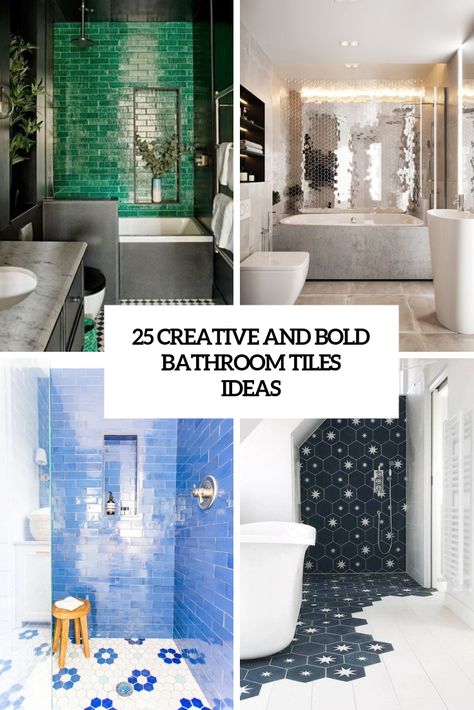 25 Creative And Bold Bathroom Tiles Ideas Color Tile Shower Ideas, Bathroom With Different Tiles, Fun Bathroom Floor Tile Ideas, Shower Accent Tile Ideas Feature Walls, Bold Master Bath Ideas, Bathtub Tile Ideas, Blue Grey Bathroom, Master Shower Tile, Bathroom Tiles Ideas