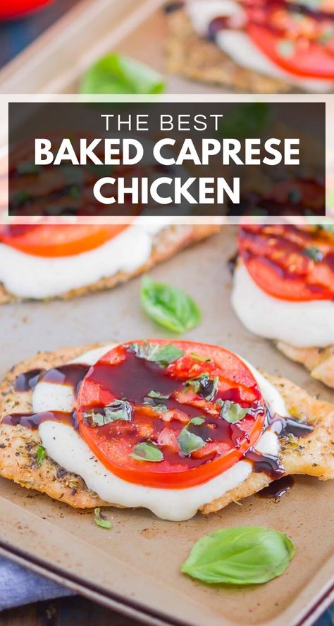 Baked Caprese Chicken is simple, flavorful, and ready in just 30 minutes. Chicken is topped with zesty seasonings, fresh mozzarella, and juicy tomatoes. Garnish with a balsamic glaze and fresh basil for a deliciously easy meal! #caprese #capresechicken #capreserecipes #chicken #chickenrecipes #dinner #summerrecipes Caprese Stuffed Balsamic Chicken, Mozzarella Balsamic Chicken, Balsamic Glaze Chicken Baked, Caprese Chicken Baked Easy, Oven Baked Caprese Chicken, Recipes Using Balsamic Glaze, Baked Chicken Caprese Recipe, Caprese Chicken Baked, Balsamic Glaze Chicken