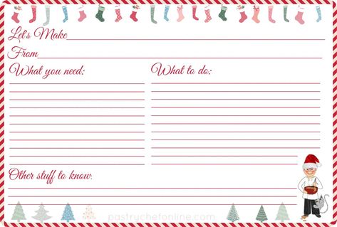 I made these free printable Christmas recipe cards for you. You are free to email them, print them out, write on them by hand or type recipes up in a photo editor. I hope they make you smile and are useful to you! | pastrychefonline.com Holiday Recipe Card, Scrapbook Recipe Book, Christmas Recipe Cards, Recipe Cards Printable Free, Recipe Card Template, Card Template Free, Cookie Exchange Recipes, Christmas Pastries, Recipe Cards Template