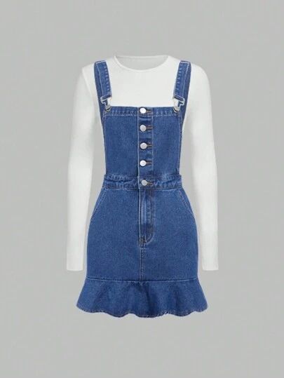 Jeans Frock, Girls Denim Dress, Denim Overall Dress, Denim Dresses, Girls Denim, Overall Dress, Dress P, Ruffle Hem, Girls Clothing