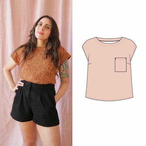 Free Tshirt Sewing Pattern, Cute Shirt Sewing Patterns, Simple Top Pattern Free Sewing, T Shirt Pattern Sewing, Simple Top Sewing Pattern, Sewing Patterns Shirts & Tops, Drop Shoulder Shirt Pattern, Apparel Sewing Patterns, Shirt Sewing Pattern Free