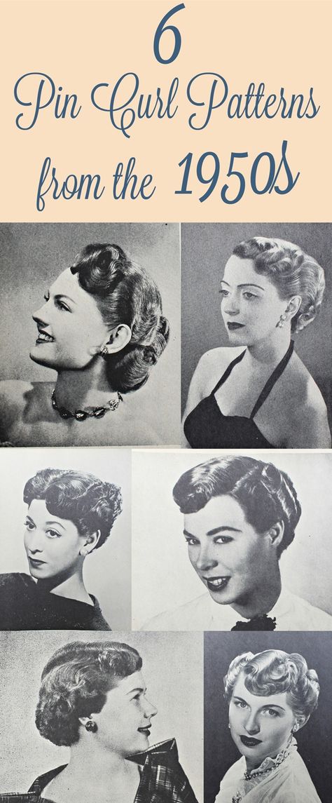 6 pin curl hair setting and styling patterns from the 1950s from Va-Voom Vintage 1950s Hair Tutorial, 1950 Hair, 1950’s Hair, 1950's Hair, Pin Curl Hair, 1950s Hair, Diy Curls, Retro Hairstyles Tutorial, Pin Curl