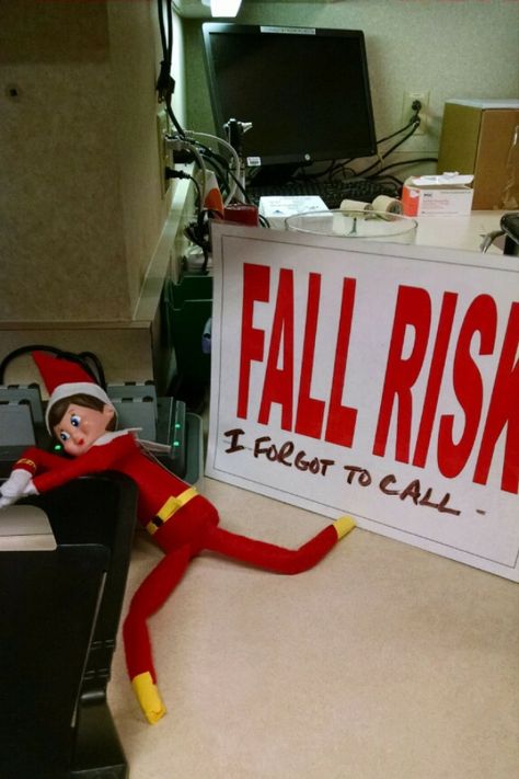 Elf fell off the shelf. High fall risk Nursing Home Elf On The Shelf, Nursing Elf On The Shelf, Elf On The Shelf Hospital Ideas Funny, Medical Office Elf On The Shelf Idea, Nurse Elf On The Shelf, Elf On The Shelf Nurse Ideas, Nursing Elf On The Shelf Ideas, Elf On The Shelf Medical Ideas, Nurse Elf On The Shelf Ideas