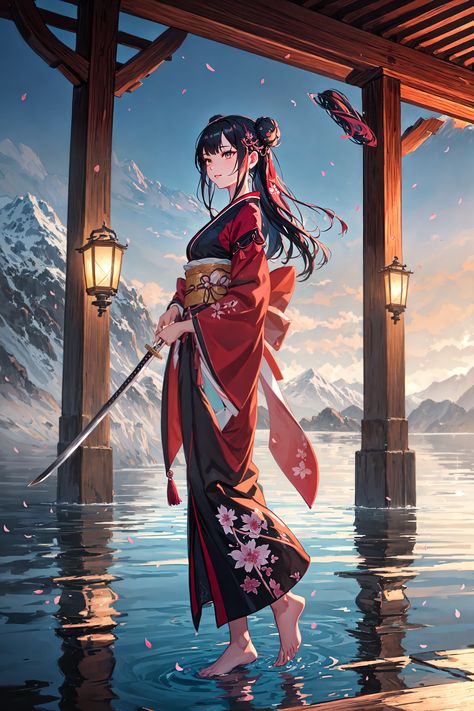 "Step into a serene twilight with our latest digital painting - a poised warrior enveloped in cherry blossoms and the glow of lanterns. Discover elegance and strength in every detail of her red kimono and serene gaze. Transform your space with this magical ambiance." Enchanted Characters, Ancient Clothes, Red Kimono, Stunning Wallpapers, Anime Wallpapers, The Glow, Anime Artwork, Cherry Blossoms, Digital Painting