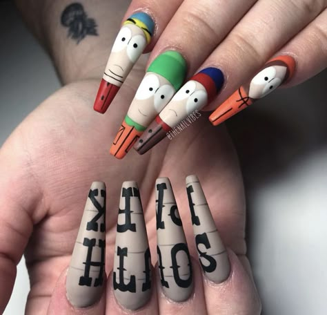 South Park Acrylic Nails, South Park Nails Ideas, South Park Nail Art, South Park Nails, Cartoon Nail Ideas, Cartoon Nail Designs, Oval Nails Designs, Future Nails, Horror Nails