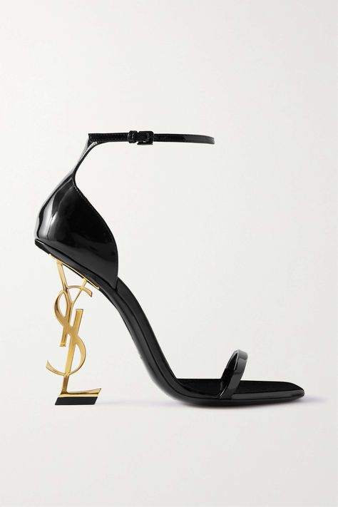 SAINT LAURENT's original 1961 moniker is too iconic to be left in the past. These 'Opyum' sandals have been made in Italy from black patent-leather and have sleek straps to ensure all focus remains on the logo-lettered heel. The square toes nod to the '90s in such a subtle way. 90s Shoes Women High Heels, Black Pencil Heel Sandals, Salto Saint Laurent, Shoes 2024 Trends, Pencil Heels Sandals, Black Formal Heels, Formal Shoes Women, Graduation Heels, Black Formal Shoes