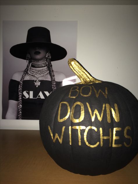 Pumpkin painting, Halloween, black and gold, Beyoncé, slay, bow down witches Pumpkin Painting Halloween, Painting Halloween, Pumpkin Ideas, Pumpkin Painting, Halloween Black, Painted Pumpkins, Pumpkin Carving, Black And Gold, Halloween Wreath