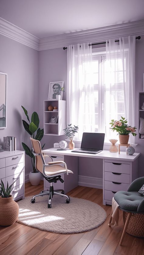 Chic paint color ideas for your cloffice (closet-office) that maximize the small space and add a touch of elegance. Lavender Office Ideas, Small Office Color Ideas Paint, Gray Office Ideas, Purple Office Ideas, Lavender Office, Feminine Home Office, Feminine Home, Purple Office, Feminine Home Offices