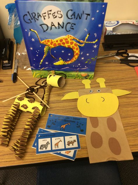 Giraffes Can't Dance is a great book and lends itself to a ton of activities… Prek Book Crafts, Giraffe's Can't Dance Activities, Story Book Activities Preschool, Eyfs Book Activities, Giraffe Preschool Activities, Giraffe Activities Preschool, Giraffe Activities, Giraffe Puppet, Animal Dance