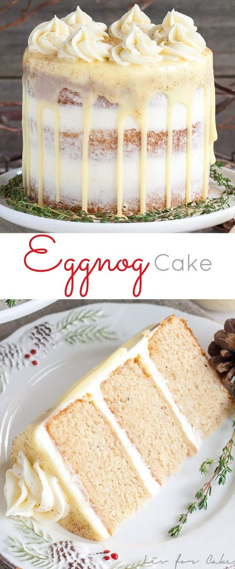 This rum spiked Eggnog Cake with cream cheese frosting and white chocolate ganache is just the thing to warm you up this Holiday season! | http://livforcake.com Stairs Minimalist, Eggnog Cake, Spiked Eggnog, Minimalist Cake, Deck Balcony, Wood Railing, Cake Christmas, Cake With Cream Cheese Frosting, White Chocolate Ganache