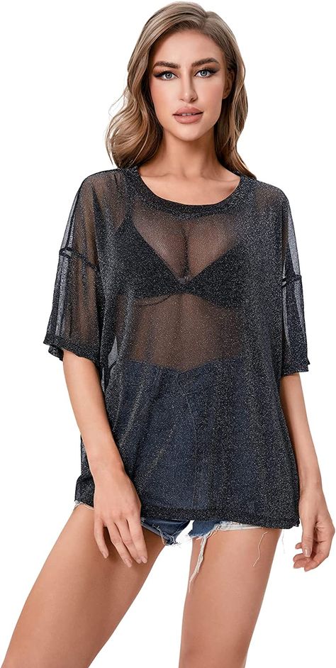 WDIRARA Women's Glitter Sheer See Through Short Sleeve Mesh Top Tee Blouse How To Style A Mesh Top, Dj Costume, Sheer Top Outfit, Short Sleeve Mesh Top, Sheer Mesh Top, Taylor Swift Tour Outfits, Swift Tour, Sparkly Top, Tour Outfits