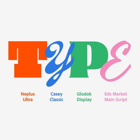 The word 'type' using four different fonts: Neplus Ultra, Casey Classic, Glodok Display and Eds Market Main Script Church Media Design, Handwriting Script, Adobe Express, Digital Media Design, Elegant Serif Fonts, Typo Design, Font Graphic, Popular Fonts, Calligraphy Handwriting