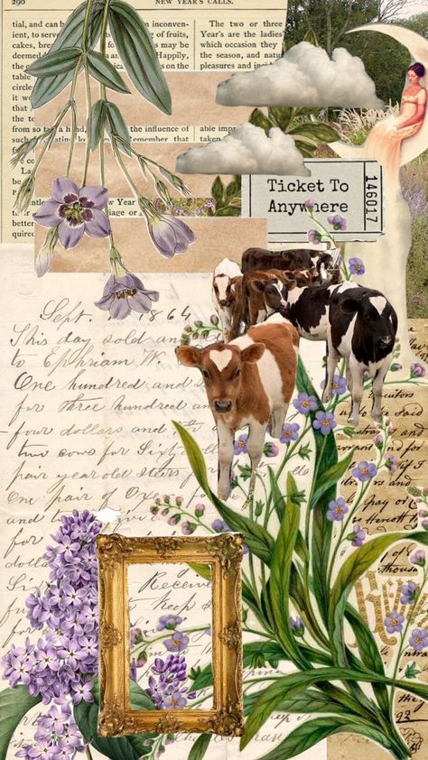 Vintage Aesthetic Green, Aesthetic Cows, Cow Collage, Prairie Aesthetic, Sticker Collage, Flowers Collage, Collage Ideas, Glue Book, Aesthetic Green