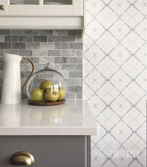 Kitchen Wallpaper / Breakfast nook / Dagfinn Grey Modern Trellis Wallpaper  via Pink Little Notebook Wallpaper Breakfast Nook, Wallpaper For Backsplash, Removable Wallpaper Kitchen, Modern Kitchen Wallpaper, Monochromatic Kitchen, Paint Tiles, Wallpaper For Kitchen, Modern Trellis, Trellis Wallpaper