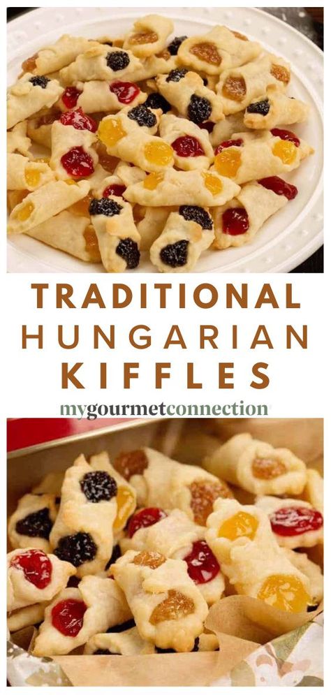 Hungarian Recipes Appetizers, Hungarian Pastry Recipes, Hungarian Cookies Christmas, Kiffles Recipe Christmas, Kiffles Recipe Hungarian, Hungarian Kifli Cookies, Hungarian Desserts Easy, Hungarian Recipes Desserts, Hungarian Dessert Recipes