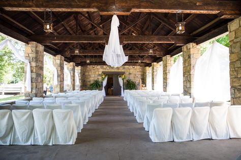 Wedding ceremony, Indian Springs State Park Stone Pavilion. Stone Pavilion, Fall Wedding Ceremony Decorations, State Park Wedding, Fall Wedding Ceremony, Vowel Renewal, Wedding Color Trends, Commitment Ceremony, Georgia Wedding, Park Wedding