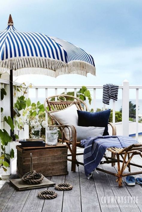 Outdoor Living Inspiration and Progress - Nesting With Grace Beach House Patio, Strand Decor, Interior Design Minimalist, Nautical Home, Design Del Prodotto, Cool Ideas, Coastal Cottage, Patio Umbrellas, Beach Cottages