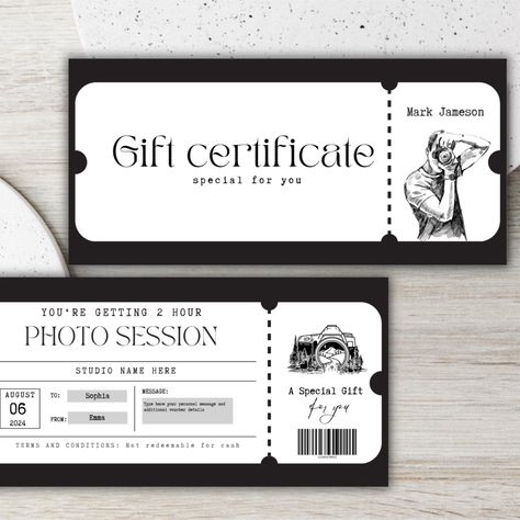 Welcome to our Photoshoot Gift Certificate Template, where giving the gift of memories has never been easier or more stylish! This fully editable digital product, designed with a cute, simple, and clean aesthetic, is your perfect solution for commemorating special occasions with loved ones. Available for customization on Canva, this template allows you to personalize every detail, ensuring a heartfelt and unique gift every time. Photography Gift Certificate, Card Black And White, Gift Certificate Template, Clean Aesthetic, Photography Gifts, Gift Certificate, Certificate Templates, Gift Certificates, Last Minute Gifts