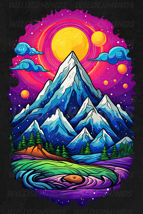 wildermindsart.etsy.com Trippy Landscape Painting, Trippy Mountains, Trippy Designs Pattern, Trippy Landscape, T Shirt Sublimation, Landscape Vector Illustration, Tufting Diy, Landscape Vector, Trippy Artwork