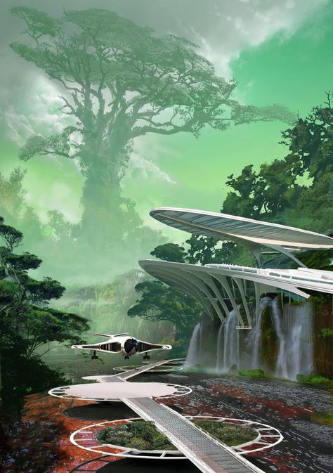 Landscape Fantasy Art, Landing Zone, Sci Fi Landscape, Sci Fi City, Sci Fi Environment, 강아지 그림, Art Landscapes, Landscape Concept, Green Architecture