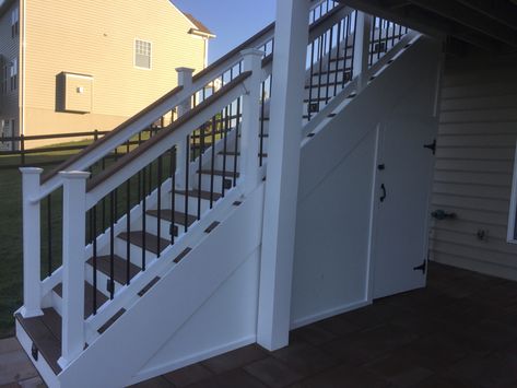 Under Deck Storage, Patio Under Decks, Sunken Patio, Under Stairs Storage, Under Deck, Deck Remodel, Front Stairs, Storage Outdoor, Stairs Storage