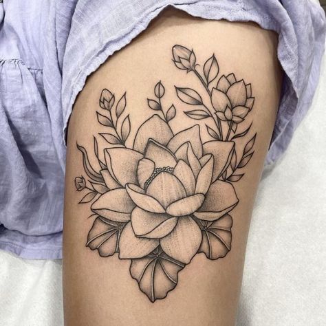 Lotus Flower Bouquet Tattoo, Lotus Flower Leg Tattoo, Lotus Rib Tattoo, Lotus Flower Thigh Tattoo, Lotus Thigh Tattoo, Flower Thigh Tattoo, Flower Tattoos Meanings, Thigh Tattoo Simple, Flower Tattoos Designs