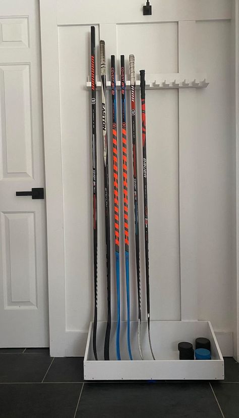 Hockey Stick Organizer - Etsy Hockey Gear Storage, Hockey Stick Storage, Hockey Equipment Storage, Hockey Organization, Boys Den, Garage Lockers, Hockey Room Decor, Laundry Quotes, Garage Organizing