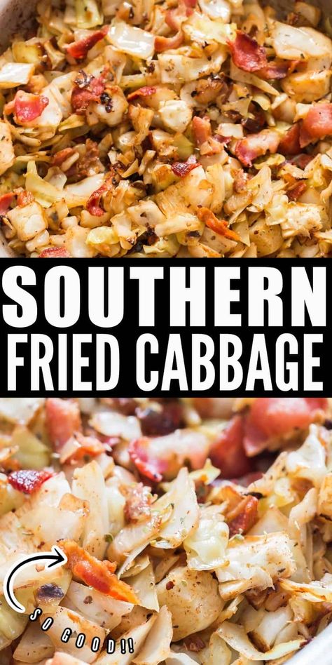 Southern fried cabbage with bacon cooks in less than 20 minutes. Tender cabbage, crispy bacon cooked in amazing seasoning. #friedcabbage #southernfriedcabbage #cabbagerecipes #sidedish #Irishrecipes #sides #vegetariansides #sidedishformeat #grilledmeatsidedish #grilledmeat #cabbage #easy #recipe Fried Cabbage With Bacon, Cabbage Recipes Southern, Fried Cabbage With Sausage, Cabbage With Bacon, Fried Cabbage Recipes, Southern Fried Cabbage, Bacon Fried Cabbage, Cabbage And Sausage, Cabbage Recipe