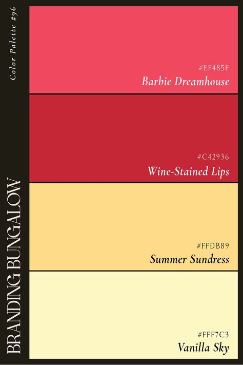 SHOP branding boards, brand guidelines, and other branding resources. FOLLOW US for a new color palette inspiration every day! Brand board inspiration color palettes by Branding Bungalow. Retro pink red and yellow color palette, modern aesthetic, pantone color palette, playful poster color palette, event poster inspiration color palettes. #colorpalette93 Made with love on a beach in Hawaii. 🌺 Red And Yellow Color Palette, Valentines Color Palette, Poster Color Palette, Brand Board Inspiration, Aesthetic Pantone, Event Poster Inspiration, Inspiration Color Palettes, Pantone Color Palette, Coffee Shop Logo Design