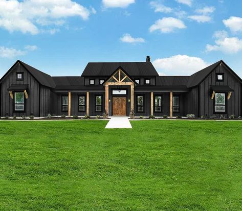 Dark Cabins Exterior, Navy Metal House, Dark Modern Farmhouse Exterior Colors, Barndominium Ranch Style, Black Bardominum Ideas, Dark Barndominium, Fancy Barndominium, One Story Barndominium Floor Plans With Garage, Barndo Exterior Colors