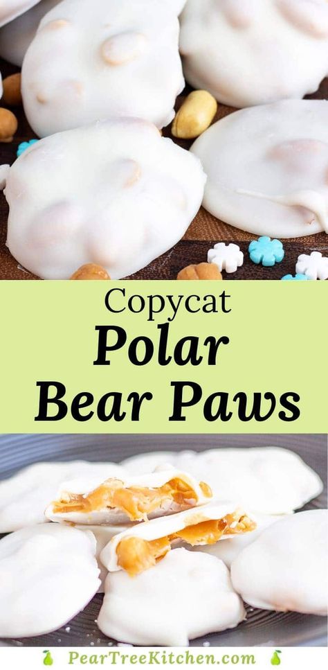 Bear Paw Recipe, Polar Bear Paws Candy White Chocolate, Polar Bear Candy White Chocolate, Polar Bear Desserts, Polar Bear Claws Candy, Melted White Chocolate Recipes, Polar Bear Paws Recipe, Polar Bear Paws Candy, Bear Claws Recipe Easy