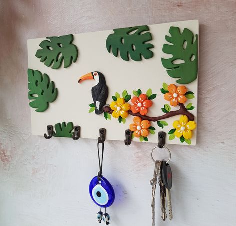 Key Holder Wall, Toucan Bird, Wall Organizer, Tropical Bird, Key Holders, Wall Key Holder, Clay Wall, Cute Polymer Clay, Wall Decor Design