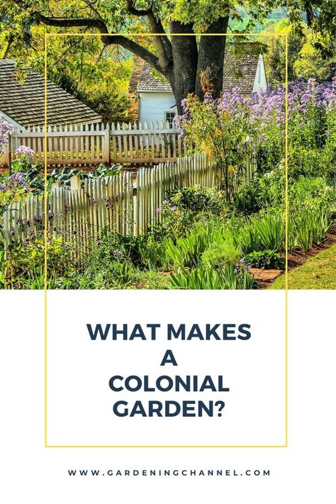 gardening fence and garden with text overlay what makes a colonial garden Colonial Garden, Colonial Life, Gardening Guide, Herb Garden Design, House Backyard, The Gardener, Garden Design Plans, Classic Garden, Patio Plants