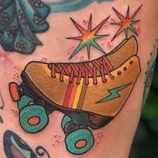 Roller Skate Tattoo Old School, Traditional Roller Skate Tattoo, Roller Skates Tattoo, Rollerskate Tattoo, Roller Skate Tattoo, Childhood Tattoos, Skater Tattoos, Skate Tattoo, 90s Tattoos