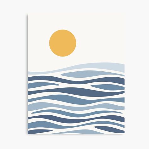 Minimalist Ocean Art, Blue Simple Paintings, Minimalist Ocean Painting, Minimalist Beach Painting, Easy Minimalist Painting, Minimalist Painting Ideas, Beach Abstract, Sun Poster, Boho Painting