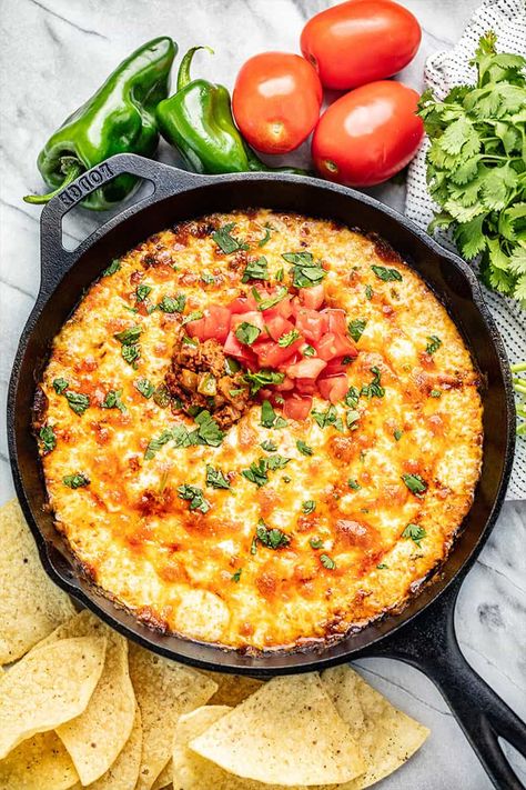 Ooey gooey Queso Fundido is made in just one skillet with chorizo, poblano peppers, and the perfect blend of melted cheese. It's easy to make, yet worthy to serve in a restaurant!  Grab some chips and enjoy! Skillet Queso Recipe, Meat Stromboli, Homemade Gumdrops, Skillet Queso, Queso Flameado, German Schnitzel, Authentic Pasta, British Scones, Schnitzel Recipe