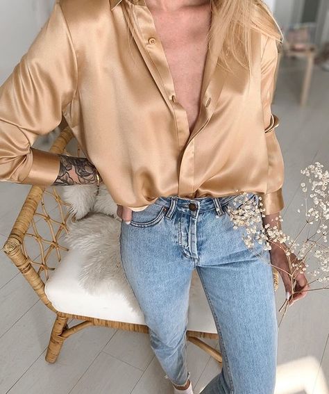 Beige Satin Button Up Outfit, Gold Silk Button Down Shirt Outfit, Gold Silk Shirt Outfit, Gold Satin Shirt Outfit, How To Style A Silk Button Up, Satin Button Down Shirt Outfit Casual, Cream Satin Shirt Outfit, Brown Satin Shirt Outfit, Silky Button Down Shirt Outfit