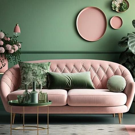 Pink Couch Pillows, Light Pink Sofa, Pink Couch Living Room, Sofa Green, Green Living Room, Pink Couch, Pink Sofa, Stylish Interior, Bedroom Paint Colors